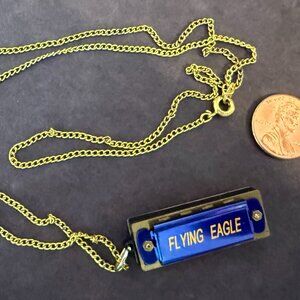 Vintage Metallic Blue FLYING EAGLE Miniature Harmonica Necklace - Playable!